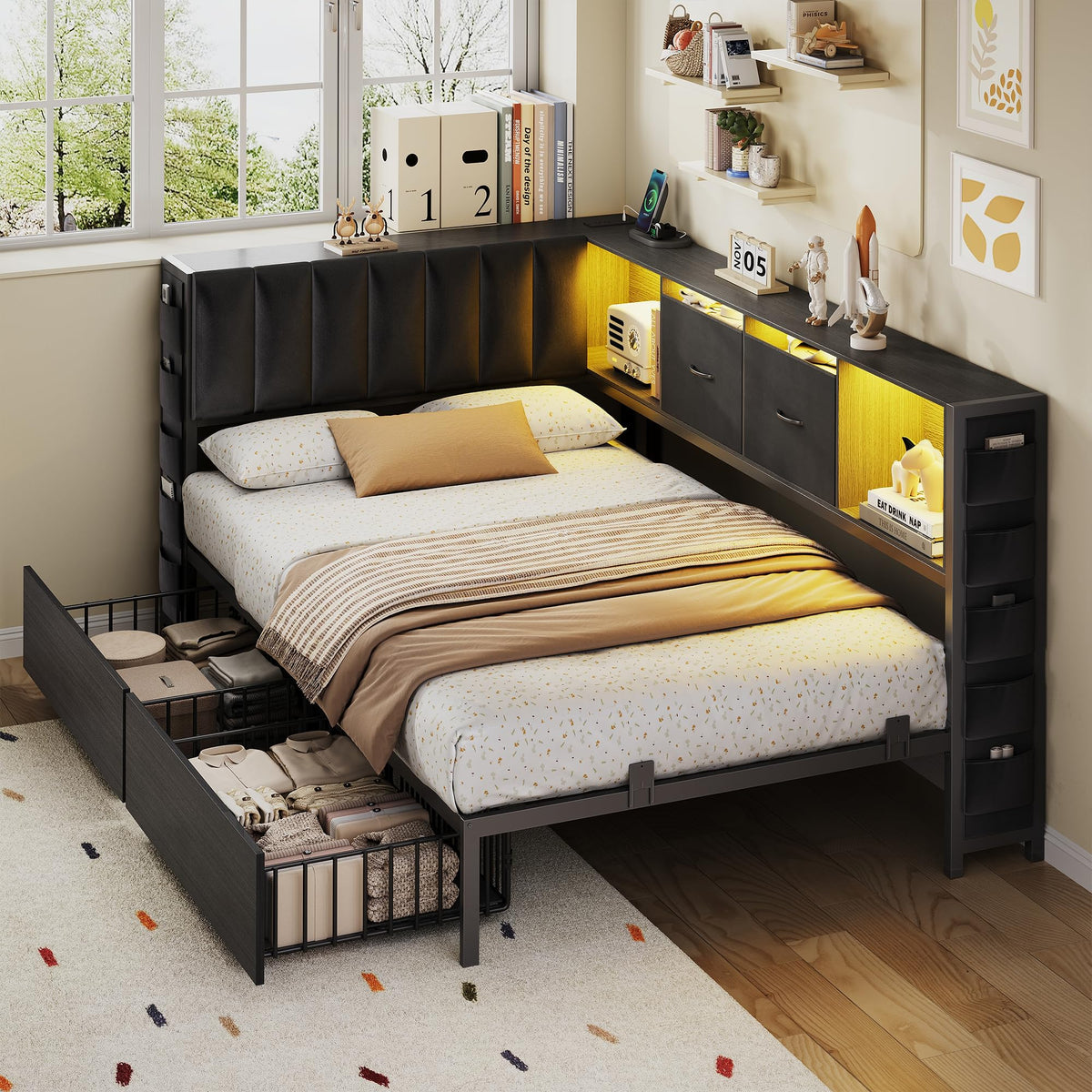 Twin Corner Bed Frame with Upholstered Storage Headboard and Drawers, LED Light and Charging Station, Black Q732