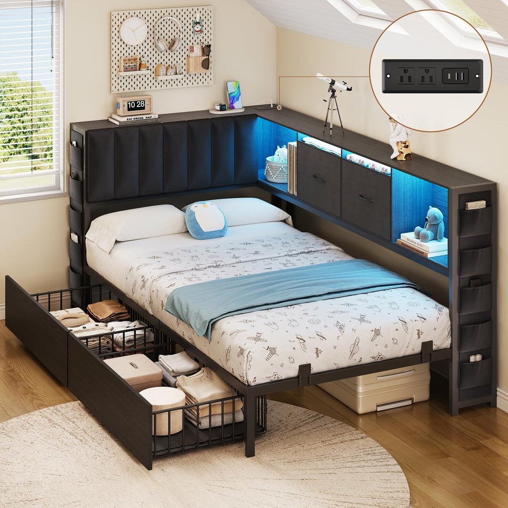Twin Corner Bed Frame with Upholstered Storage Headboard and Drawers, LED Light and Charging Station, Black Q732