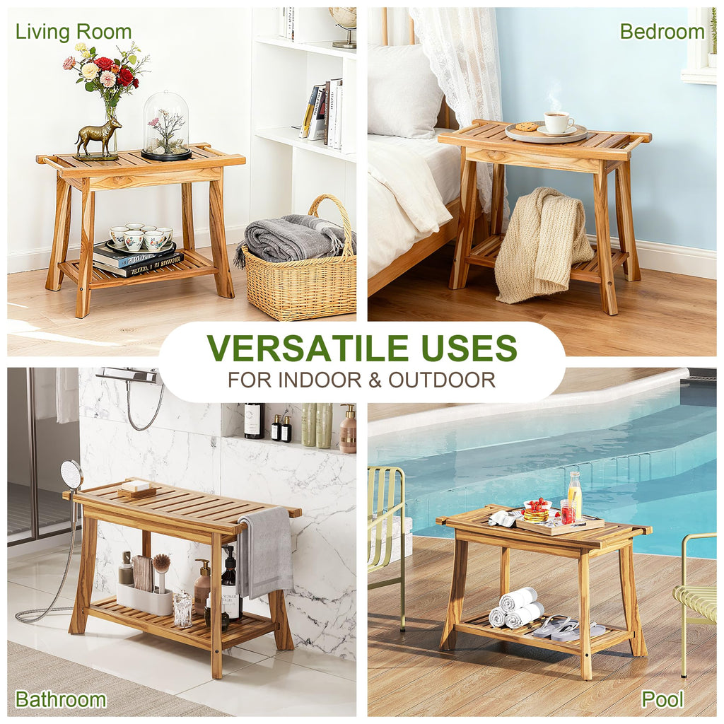 24" Teak Shower Bench with Handles & Towel Shelf E310376
