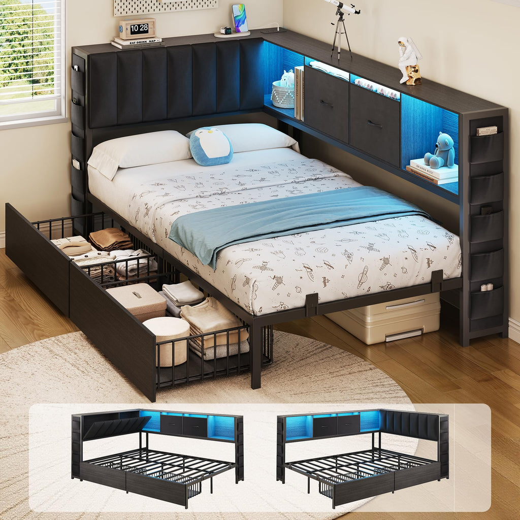 Twin Corner Bed Frame with Upholstered Storage Headboard and Drawers, LED Light and Charging Station, Black Q732