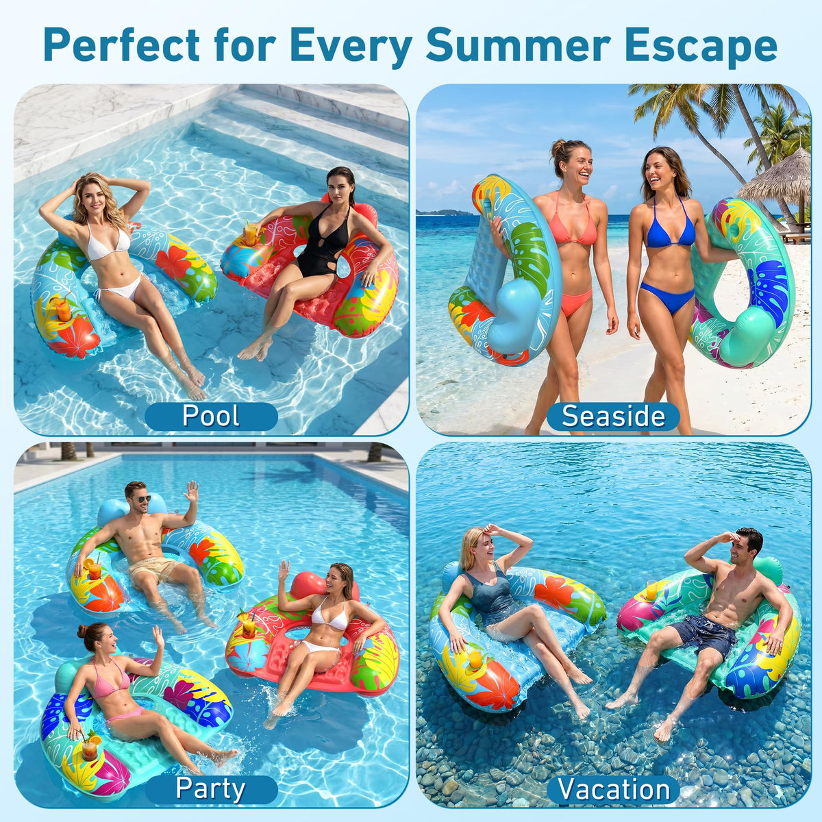 3 Pack Inflatable Pool Float Chairs with Cup Holder I2642