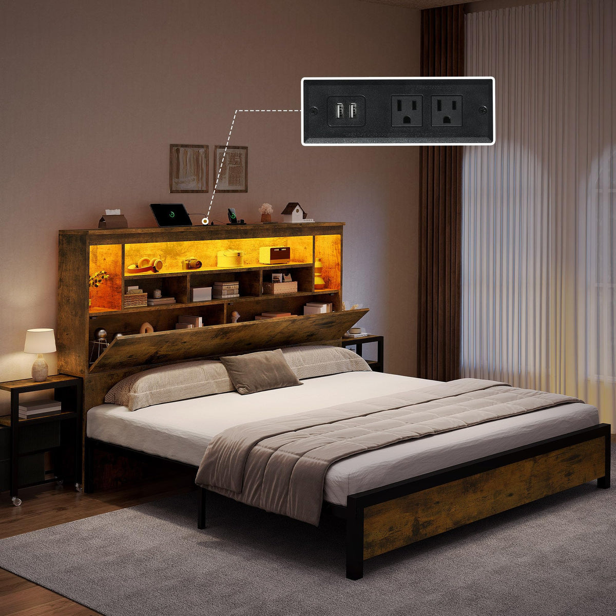Queen Size Bed Frame with Storage Bookcase Headboard N11876