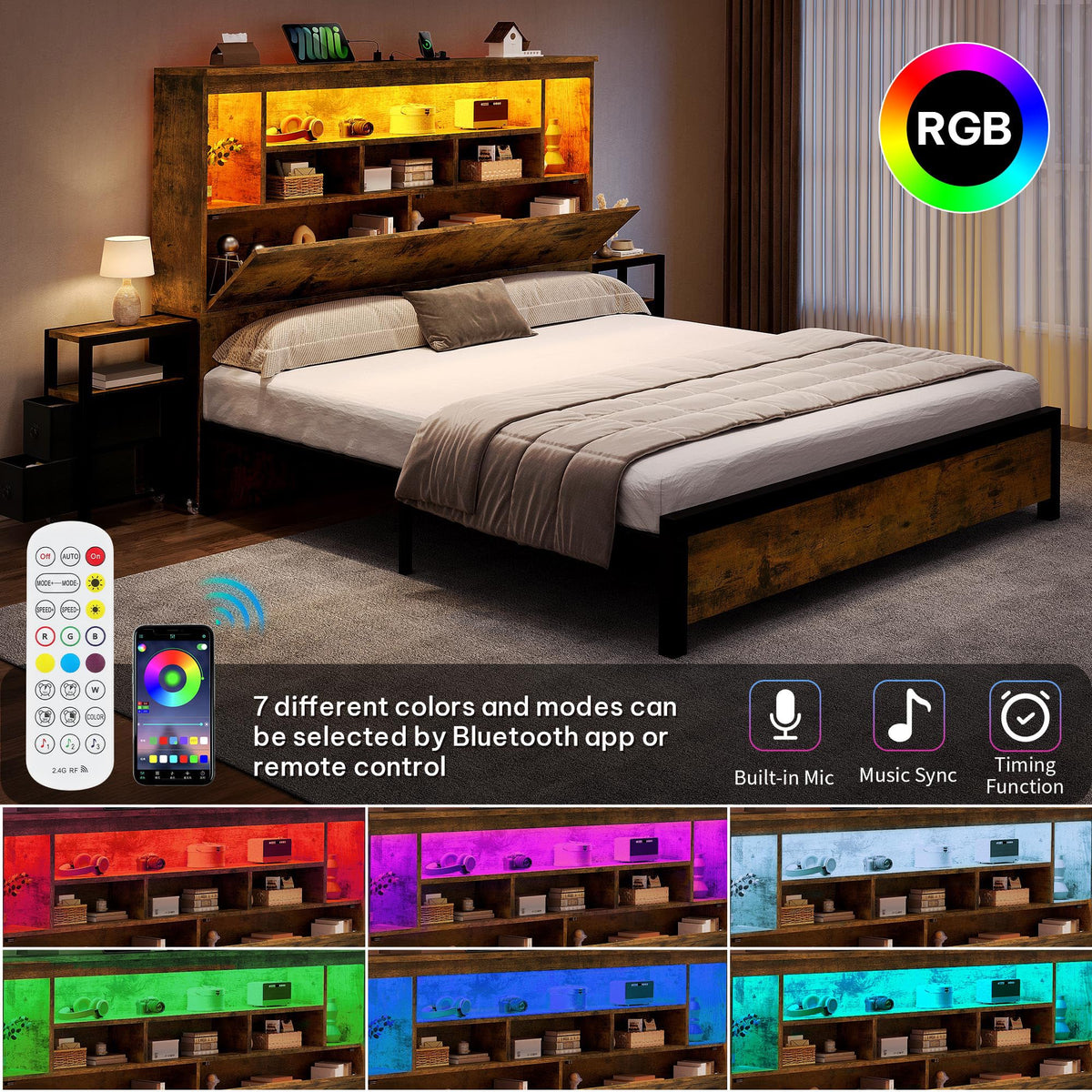 Queen Size Bed Frame with Storage Bookcase Headboard N11876